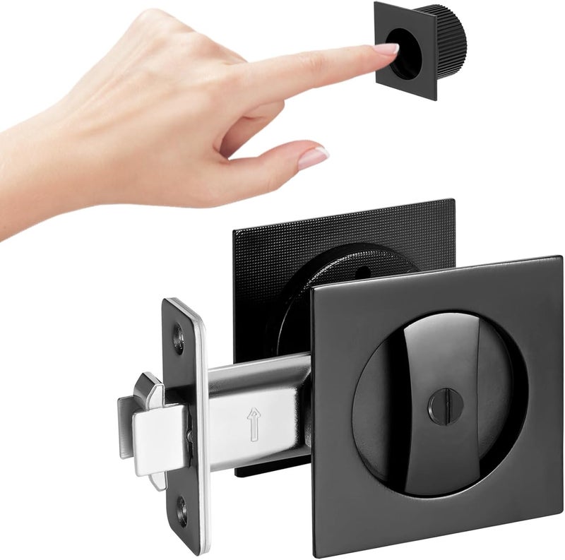 Aesytava Black Pocket Door Hardware, 2 3/8" Backset, Zinc Alloy Heavy Duty Square Matte Black Pocket Door Lock, Solid Sliding Pocket Door Handle(1 Pack) - Image 1